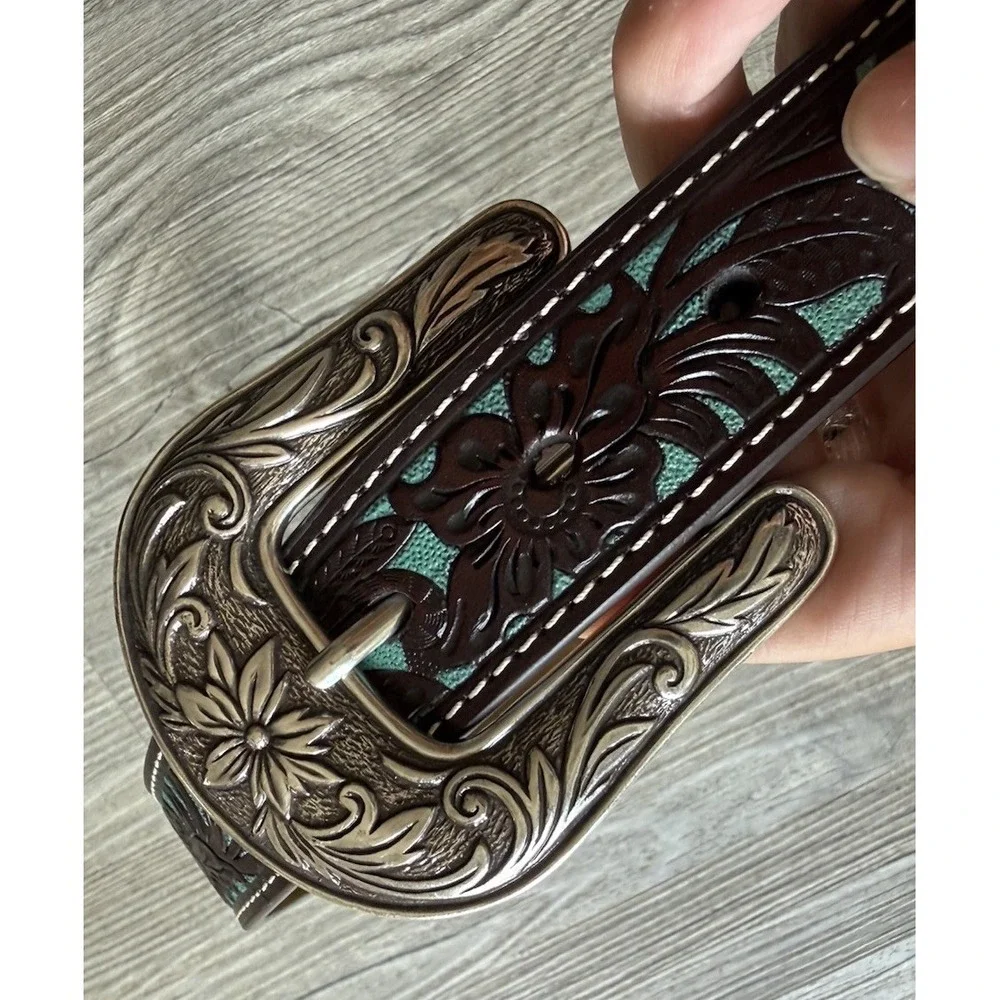 Ariat Girls Size 26 Western Leather Belt Turquoise Floral Tooled Concho Buckle